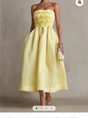 Statement Strapless Lemon Yellow Floral Appliqué Bust Midi Dress Linen Cocktail